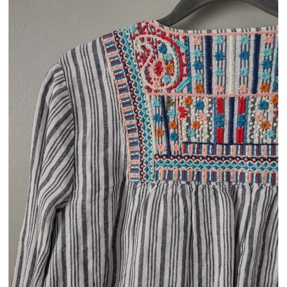 J Jill Linen Open Front Top Womens XS Striped Embroidered Cover Up Layer Piece - Picture 4 of 7